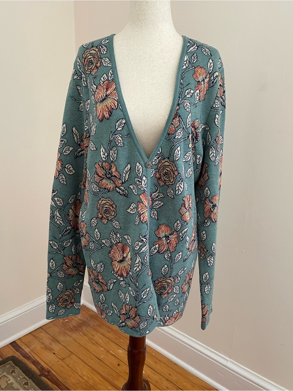 Peruvian Connection Floral Pima Cotton Cardigan Sweater L Green